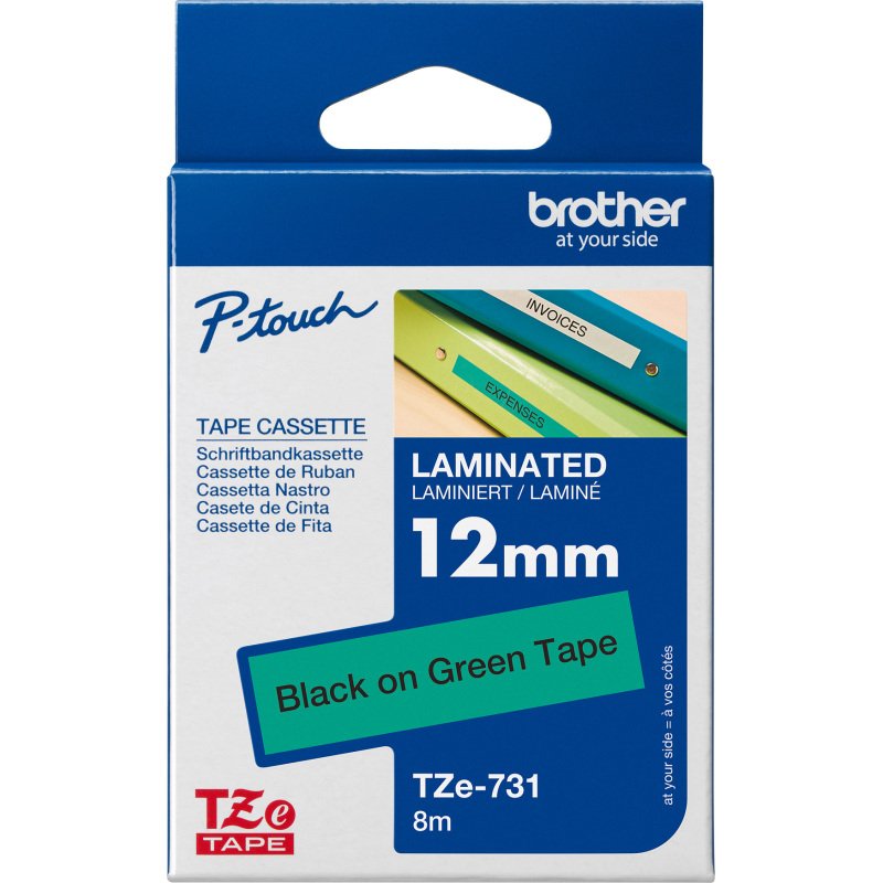Ruban laminé Brother 12 mm TZE 731 vert écriture noire