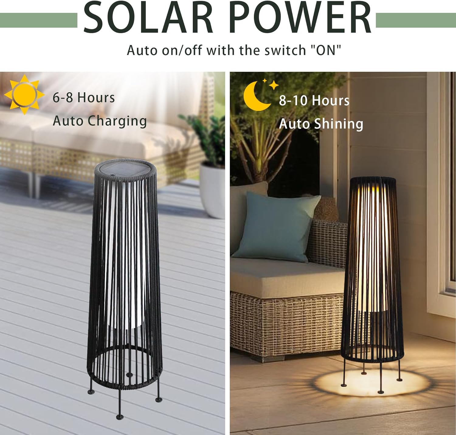TRIROCKS Außenstehlampe, 2-Teilige Solarbetriebene Laterne, Geflochtene Solar-Terrassenlampe mit Olifen-Seil, Wasserdichtes Rattan-Solar-Decklicht für Terrasse, Garten, Rasen, Hof (Schwarz)