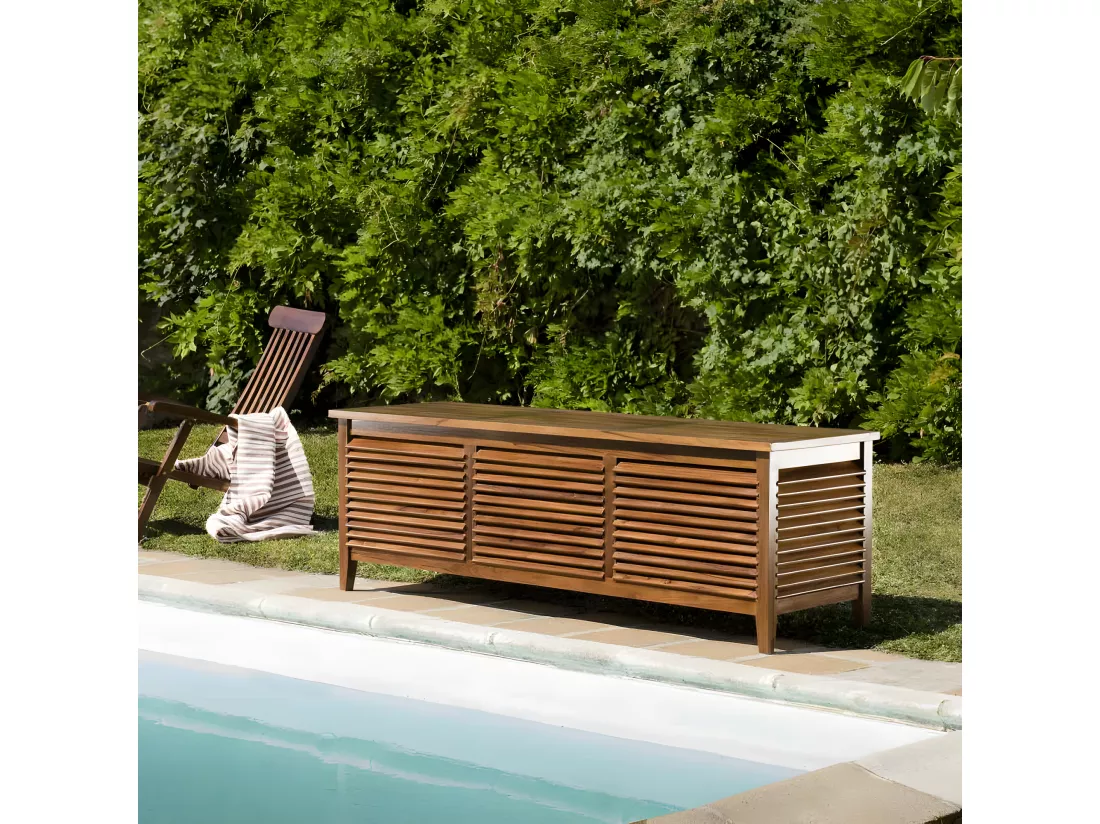 HANNA - Coffre de jardin piscine en bois teck huilé 200x55cm