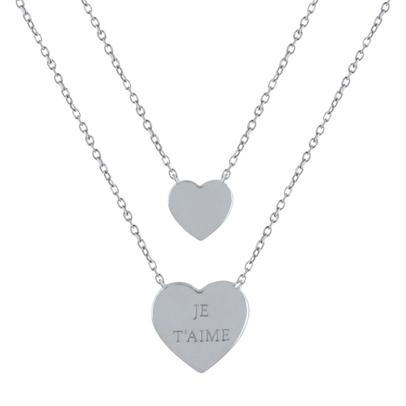 Collier Double Chaine Argent Rhodié Coeur de Strass et Coeur Gravé Je T'Aime