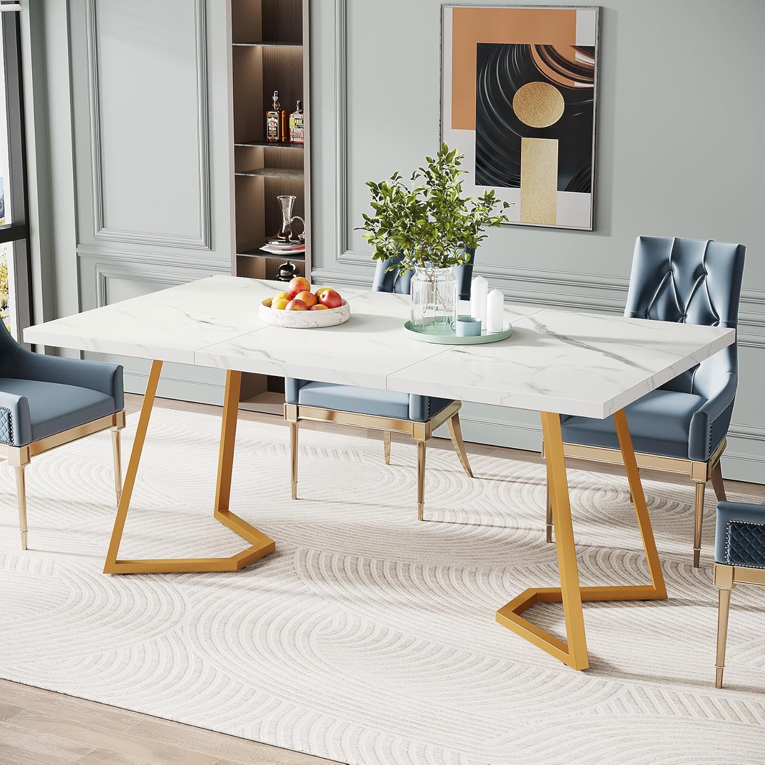 Tribesigns Moderner Goldener Esstisch,140X80 cm weißer Küchentisch mit goldfarbenen Metallbeinen, künstlicher Marmor, Kleiner Esszimmer-Küchentisch für 4-6 Personen, rechteckiger Esstisch für Wohnung HV0886085