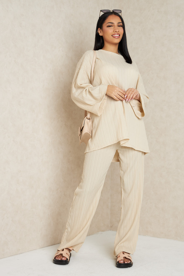 Ensemble 2 pièces pull fin + pantalon à rayures beige