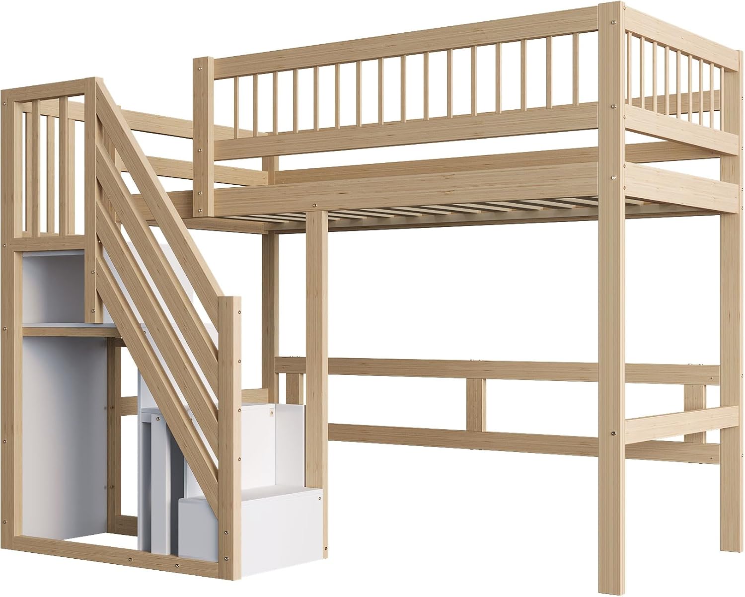Etagenbett 90x200, Kinderbett Hochbett mit Treppe & Aufbewahrungsschrank, Massivholz Funktionsbett Einzelbett Stockbett Spielbett Kinderhochbett Jugendhochbett mit Lattenrost, Ohne Matratze,Holzfarbe