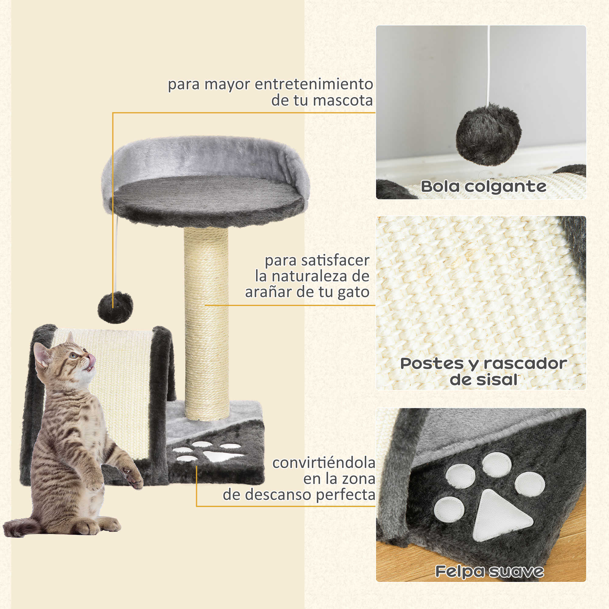 Arranhador de 2 níveis PawHut para gatos pequenos, 46 cm de altura, com poste para arranhar, prancha, plataformas e brinquedo de bola pendurado, 35,5 x 37 x 46 cm, cinza.