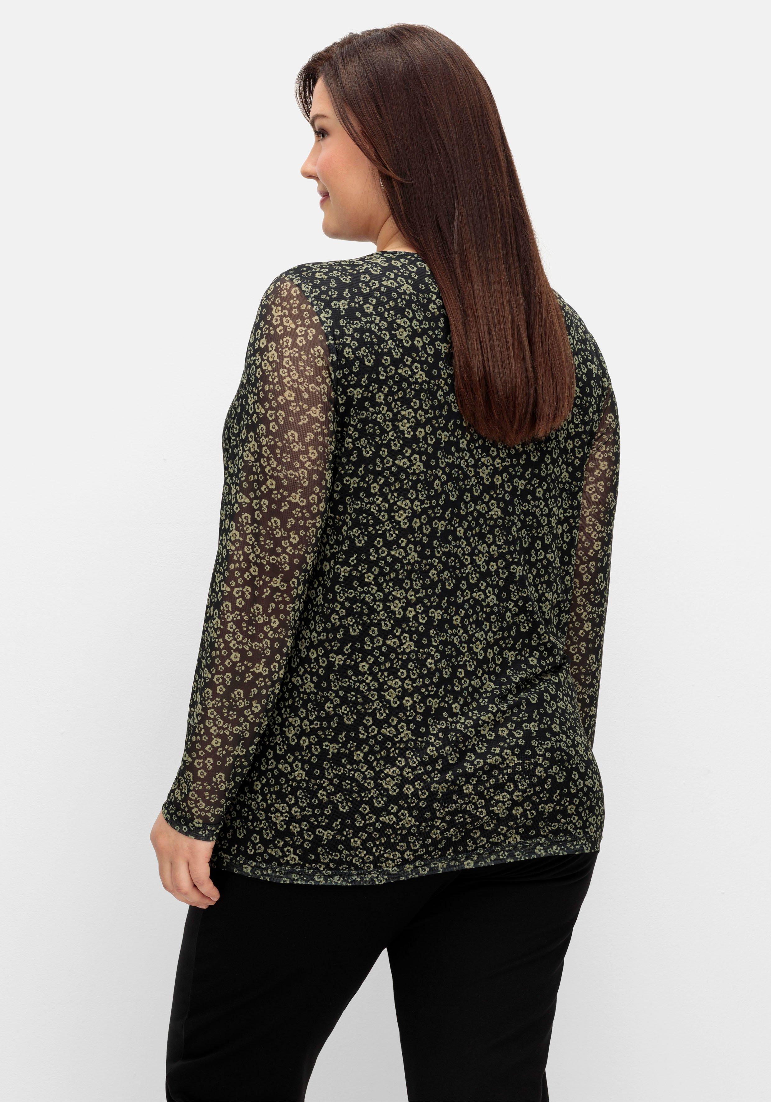 Langarmshirt aus Mesh, mit Blüten-Minimalprint