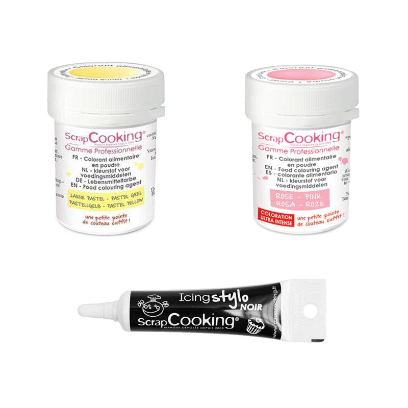 2 colorants alimentaires rose-jaune pastel + Stylo glaçage noir Scrapc