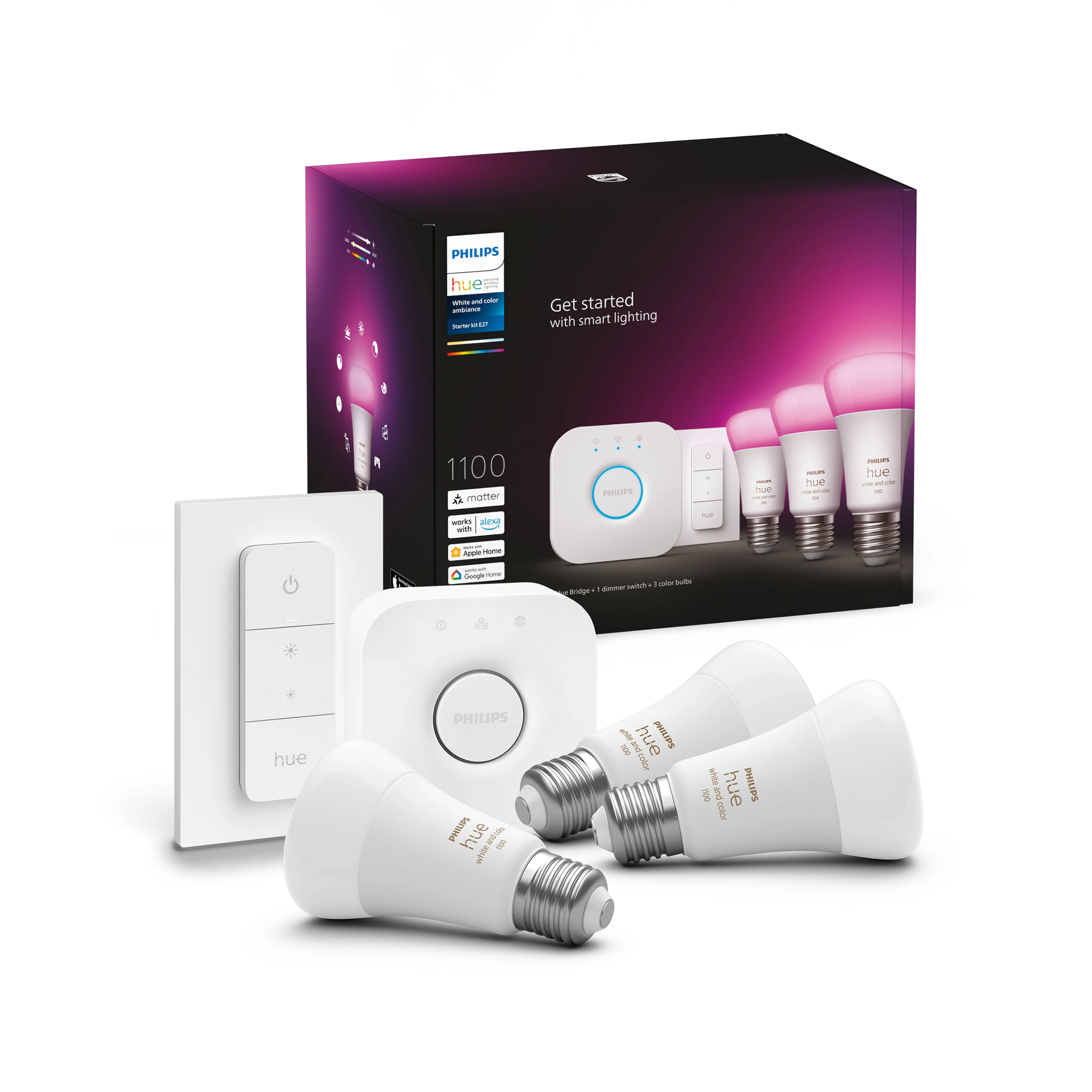 Philips Hue starterkit - wit en gekleurd - 3 lampen - E27 - 1100lm - 1 dimmer switch