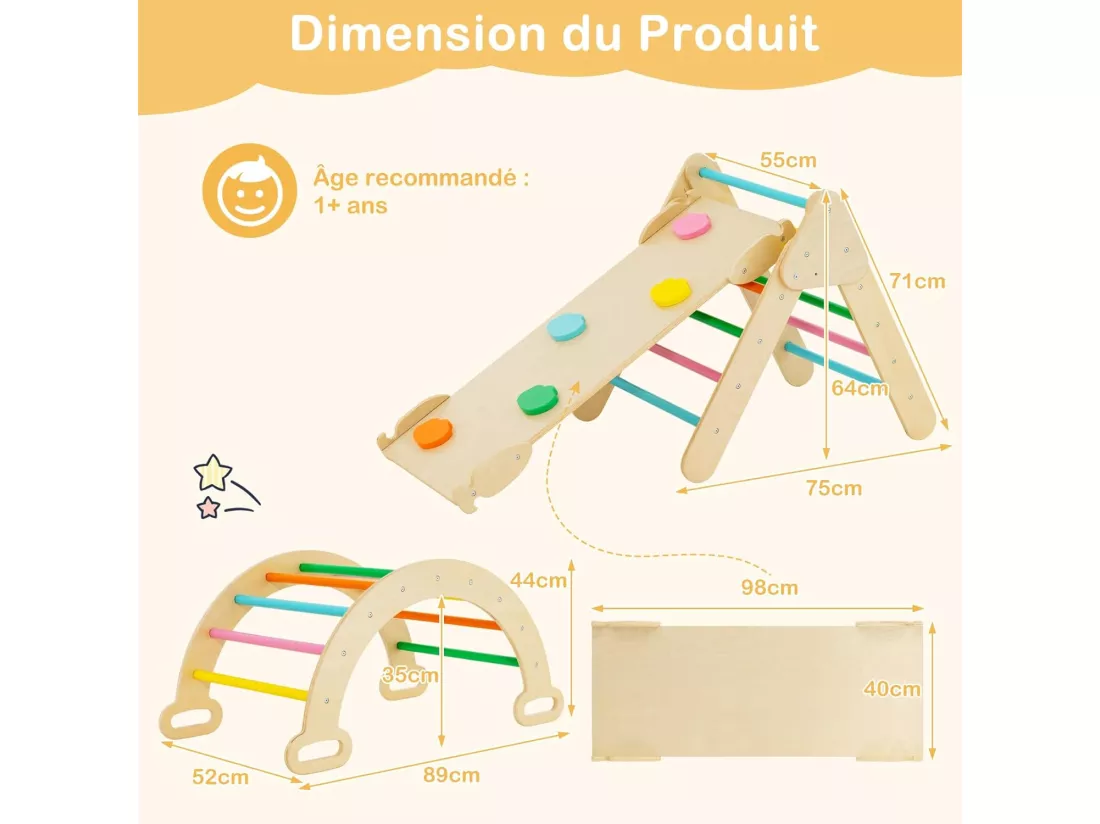 7 en 1 Triangle d'escalade, Montessori Enfants avec Rampe Réversible, Arc d'escalade ou Bascule en Bois de Hêtre, Charge Max 50KG pour Glisser ou Grimper pour Bébé de 1 an+, Multicolore