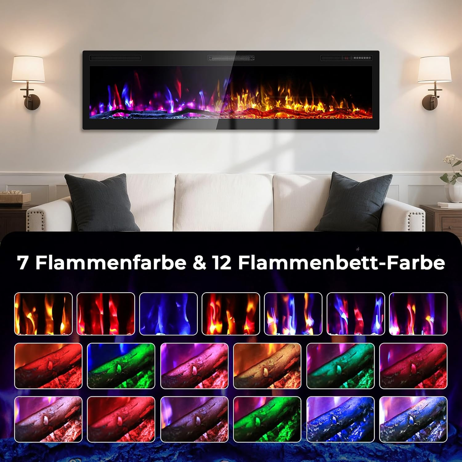 Quiniver 68' Elektrischer Kaminofen, Wandmontage/Einbau, 1500W & 750W Heizmodi, 7 Flammen- & 12 Glutfarbe, Fernbedienung & Touchscreen, 8h Timer, 40dB Leise, CE-Zertifiziert