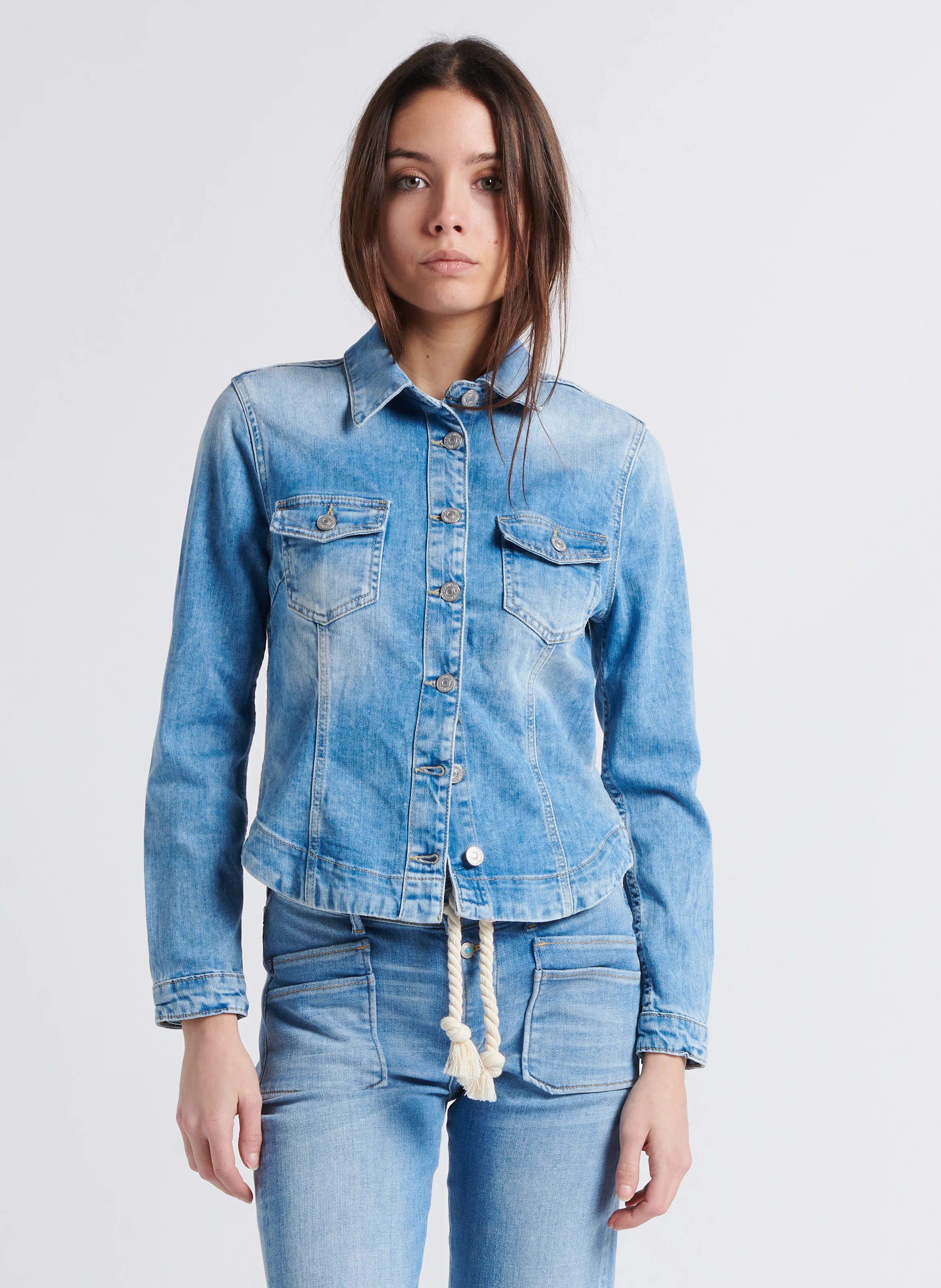 LILLY - Veste jean col classique en coton mélangé| Bleu