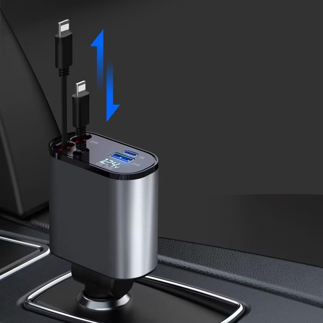 (86W) USB C / USB A Auto KFZ Ladegerät mit 2 x einziehbaren Lightning Ladekabel - Schwarz