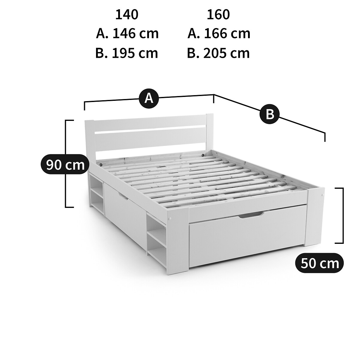 LA REDOUTE INTERIEURS<br>Cama com estrado de ripas, gavetas e mesas de cabeceira, Konni