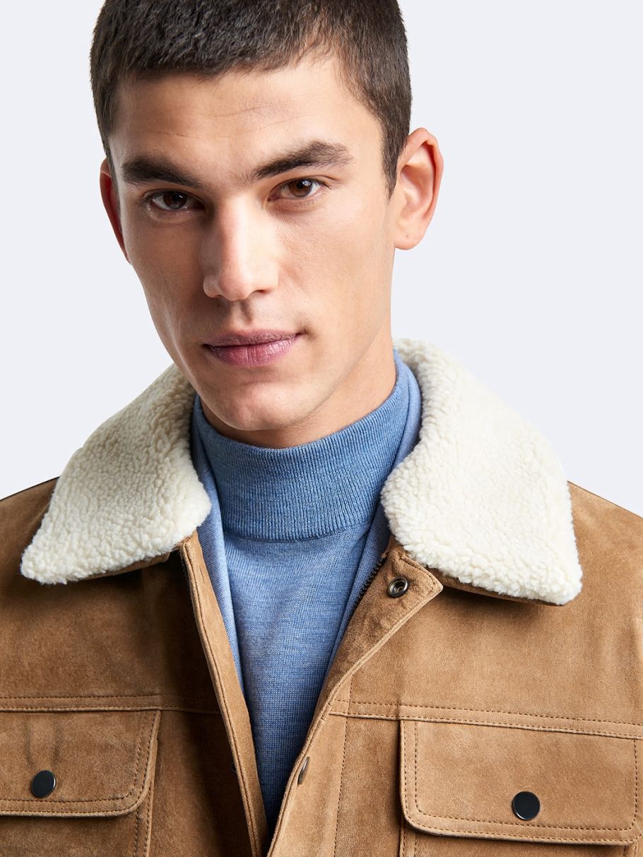 Blouson en cuir col sherpa