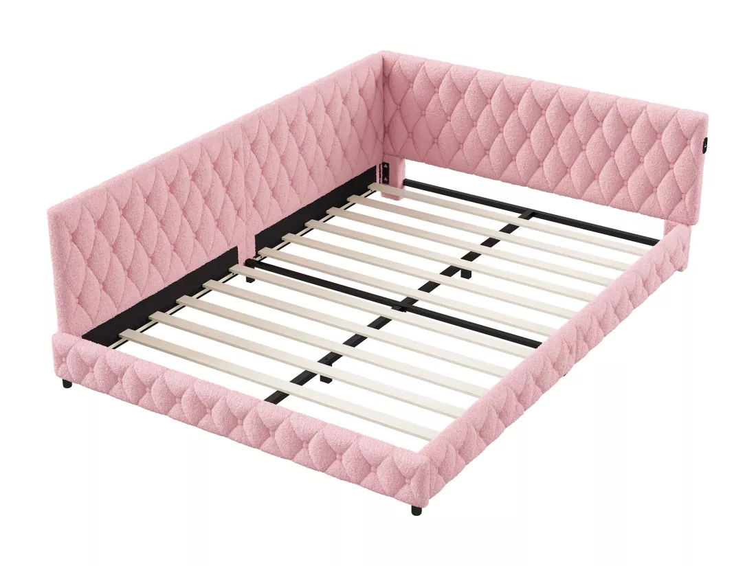 Lit gigogne 140x200 cm - Teddy velours, Canapé lit convertible avec éclairage LED et recharge USB, - ROSE