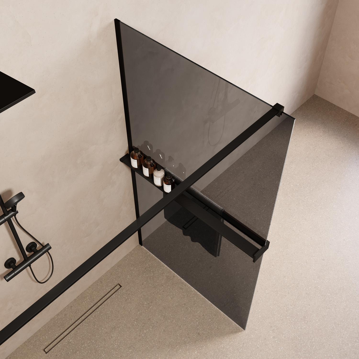 Saniclear Metric inloopdouche 100cm met handdoekhouder en rookglas zwart mat