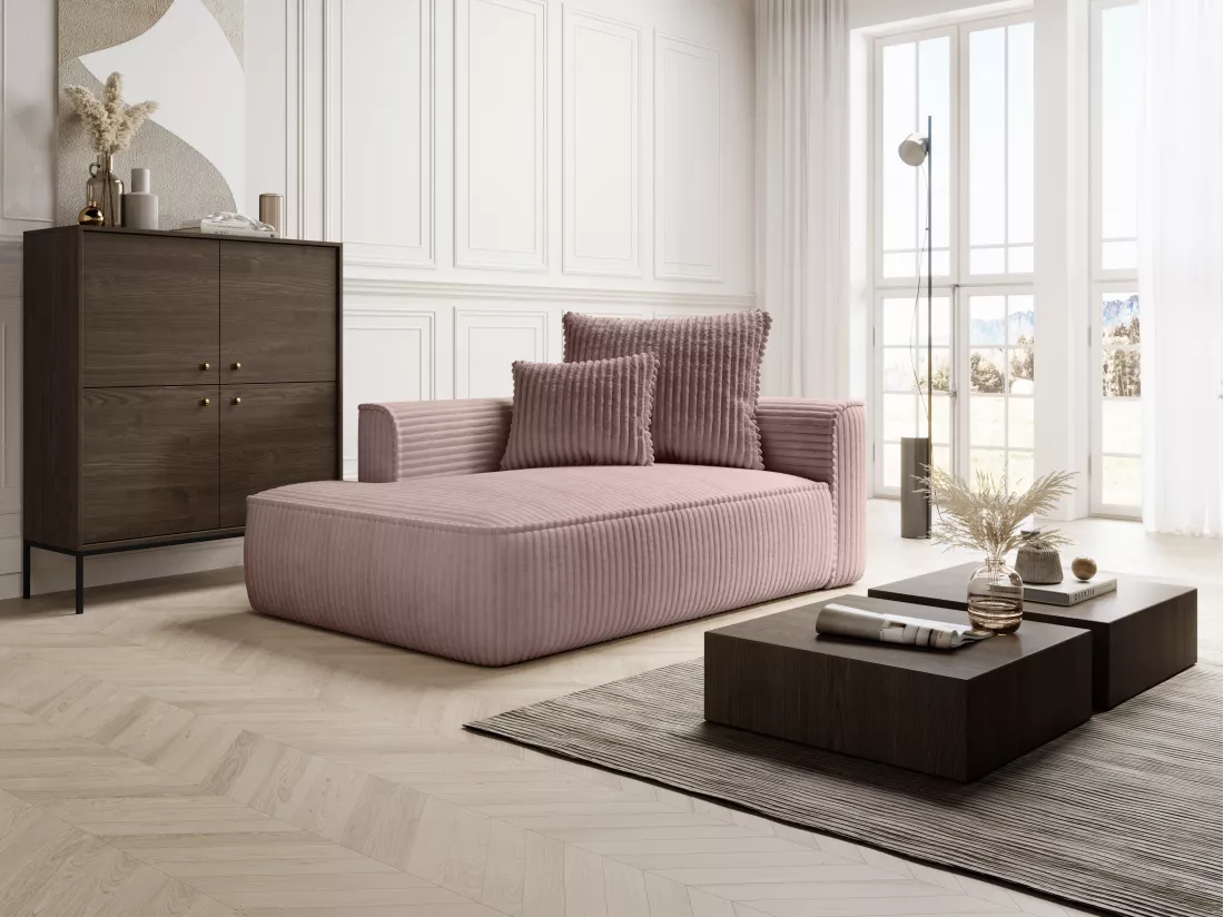 Méridienne gauche en velours côtelé grosses côtes rose poudré PINETA