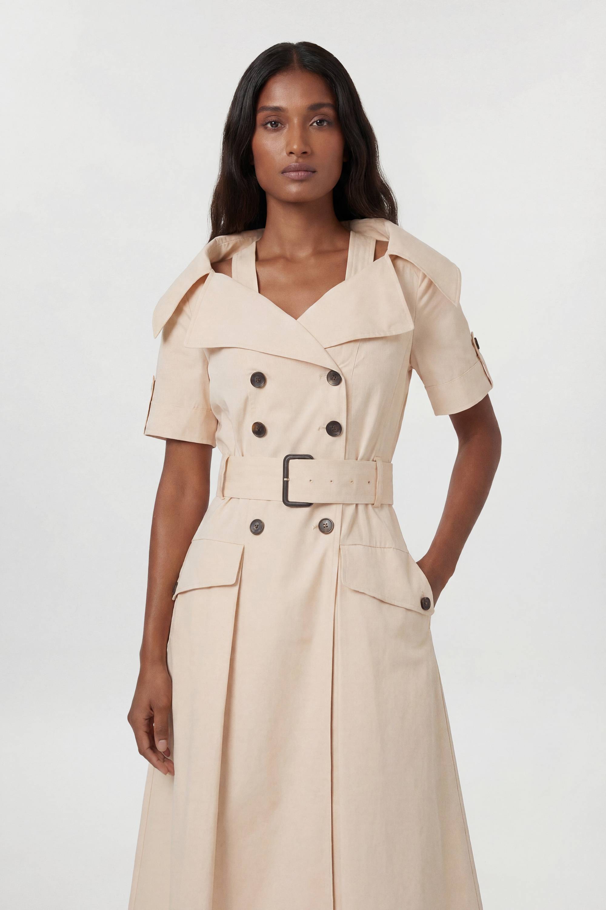 KarenMillen Robe Midi Ajustée En Coton Façon Trench Avec Ceinture Et Jupe Ample