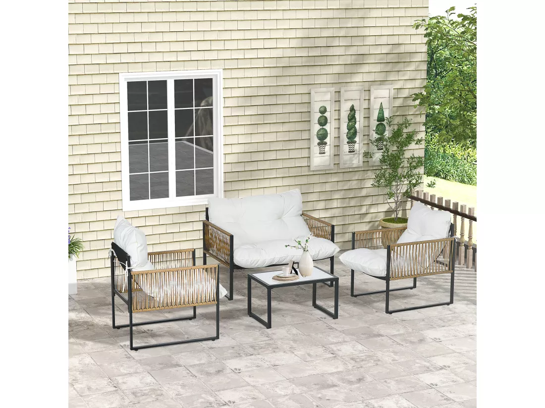 Ensemble salon de jardin 4 places 4 pièces 3 coussins acier résine crème