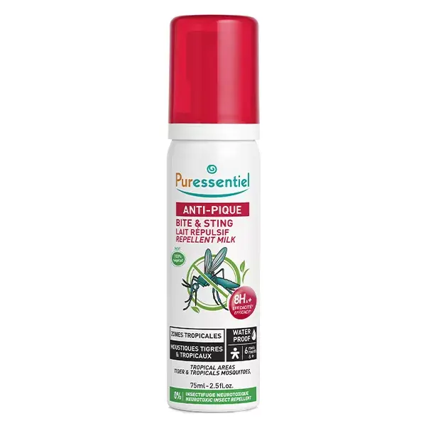 Leite repelente antipique Puressentiel para áreas tropicais, à prova d'água, 75 ml