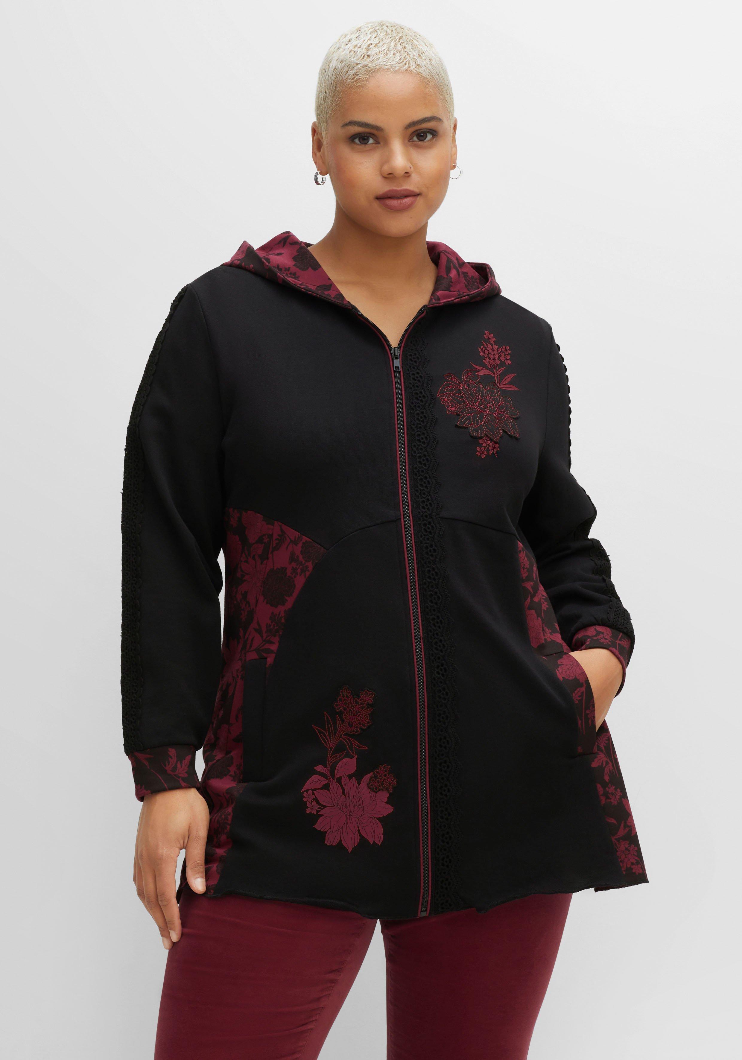 Kapuzensweatjacke in Longform, mit Blumen-Details