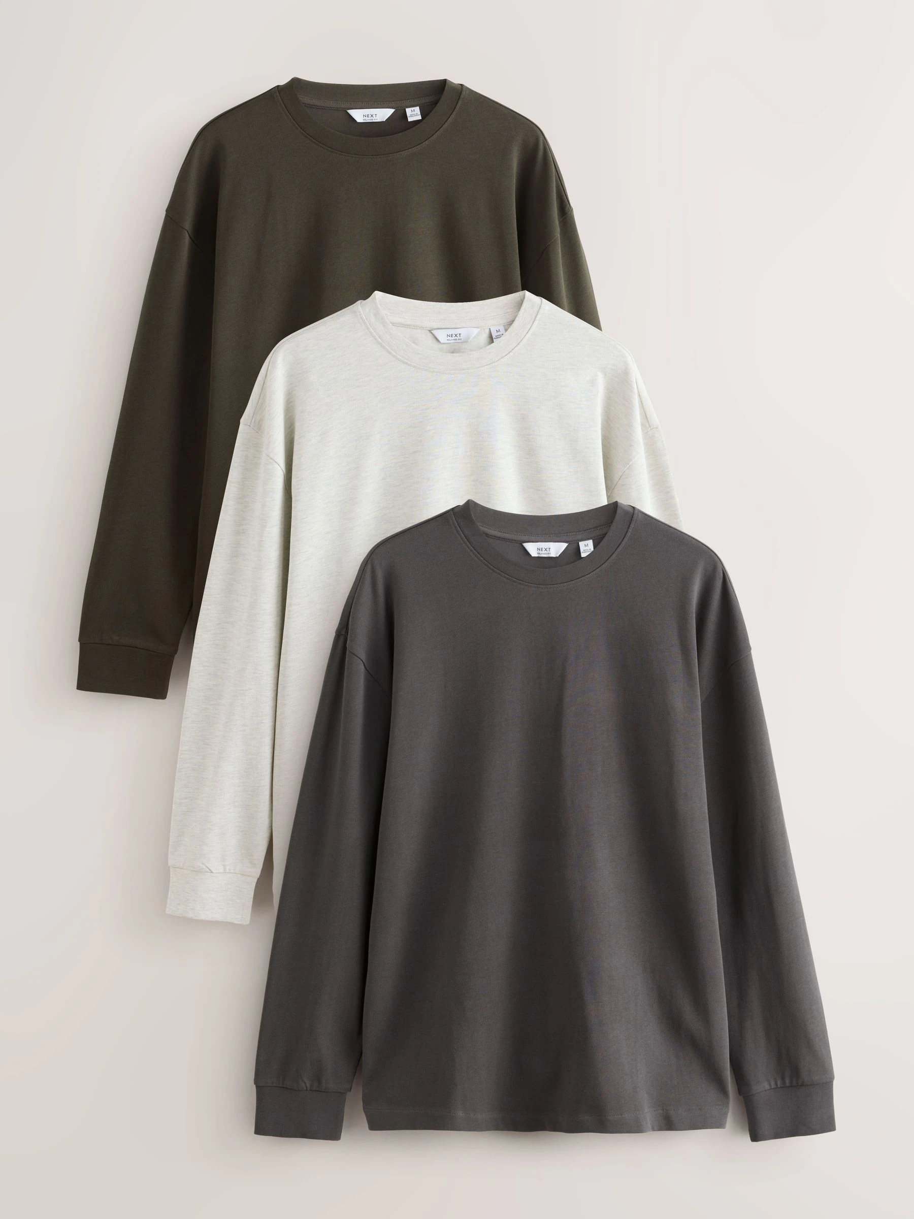Leigrijs / Naturel gemêleerd / Khaki groen - Set van 3 ruimvallende, zwaargewicht 100% katoenen T-Shirts met lange mouwen