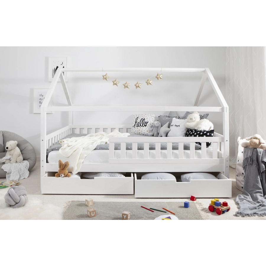 TICAA Kinderbett Hausbett Kay 140x200 inkl. Schubkästen Kiefer weiß Weiß