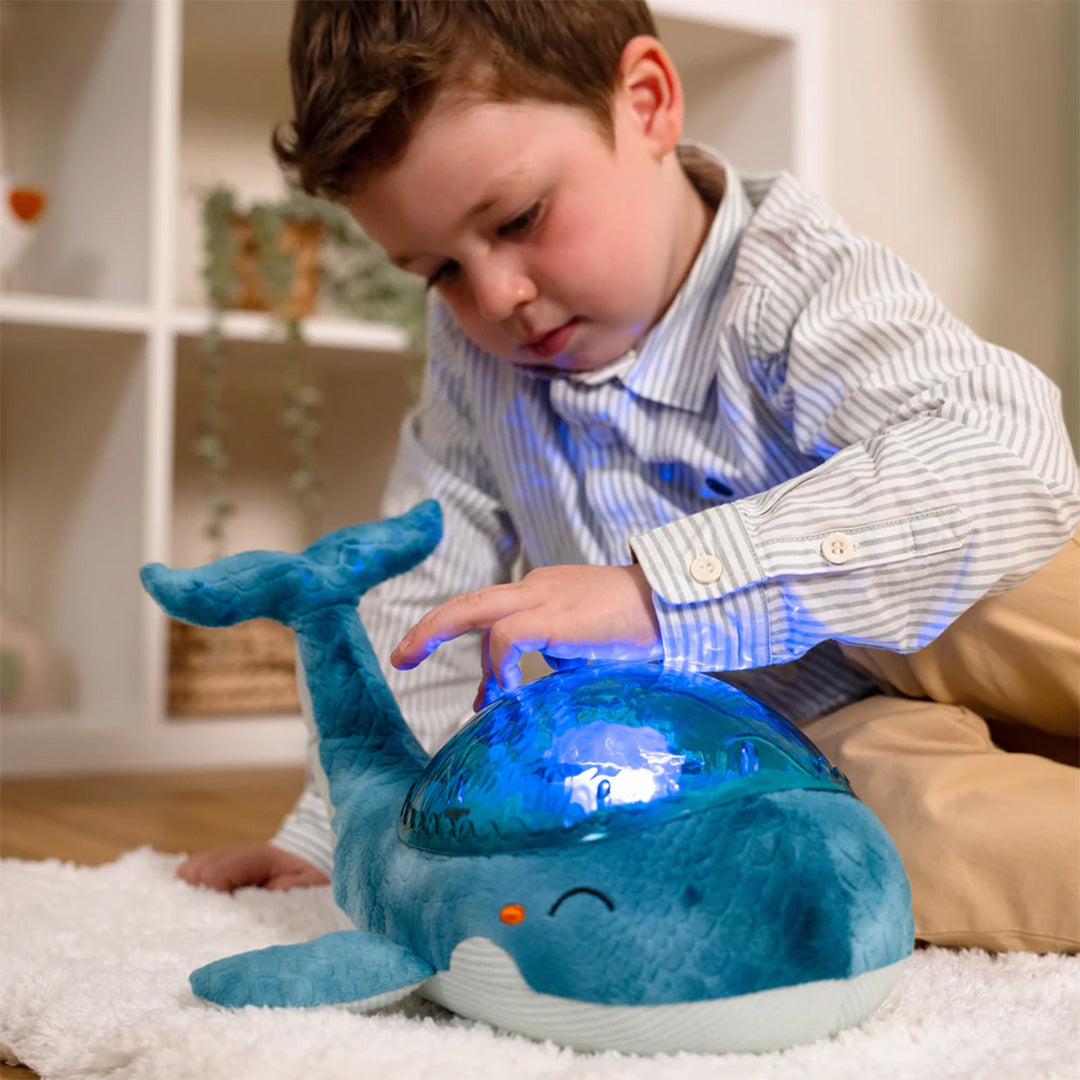 cloud.b knuffelwalvis met nachtlamp en geluid - blauw