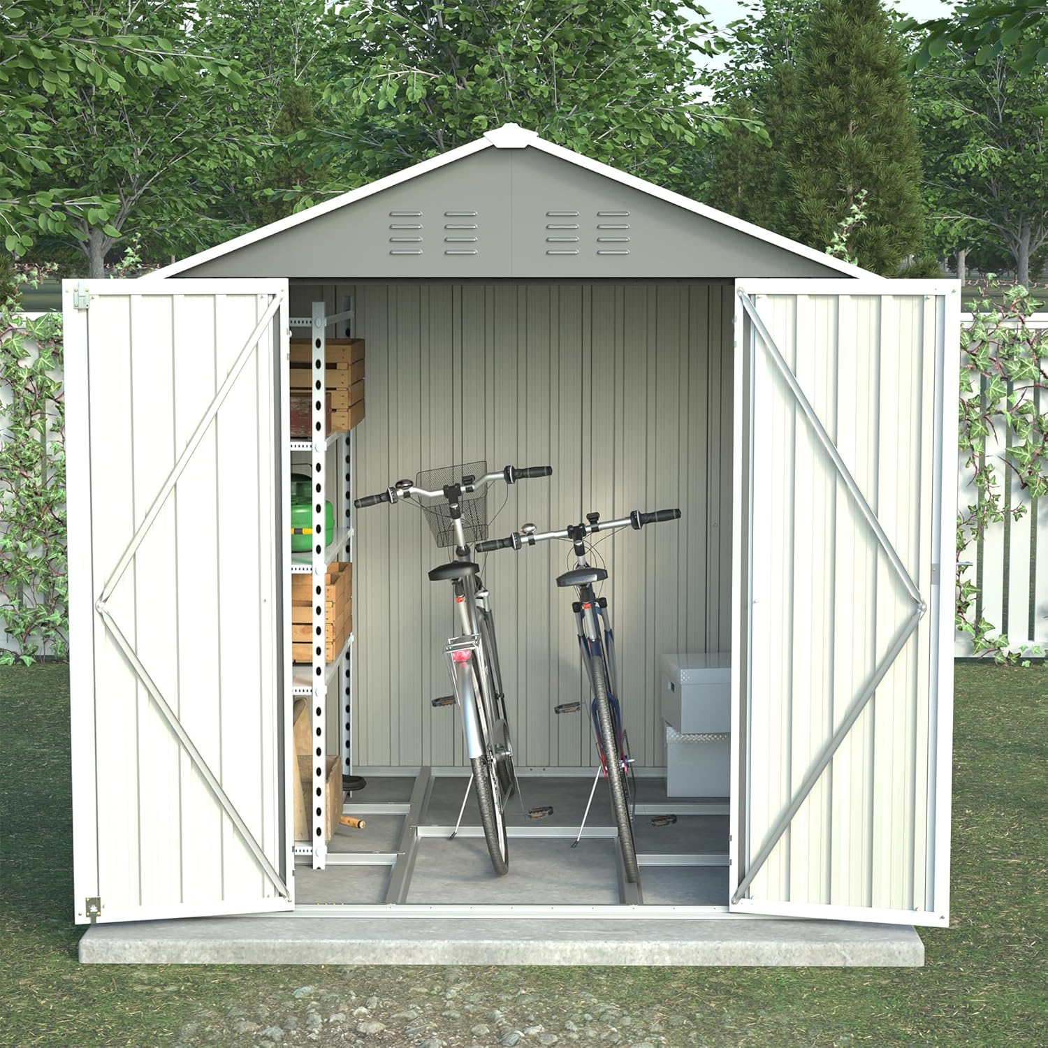 Metall Gerätehaus Gartenhaus 185x182x191cm, Geräteschuppen mit Fenster & Satteldach, wetterfest Gartenschuppen Inkl. Metallfundament (ohne Boden) für Outdoor Garten Terrasse, Grau