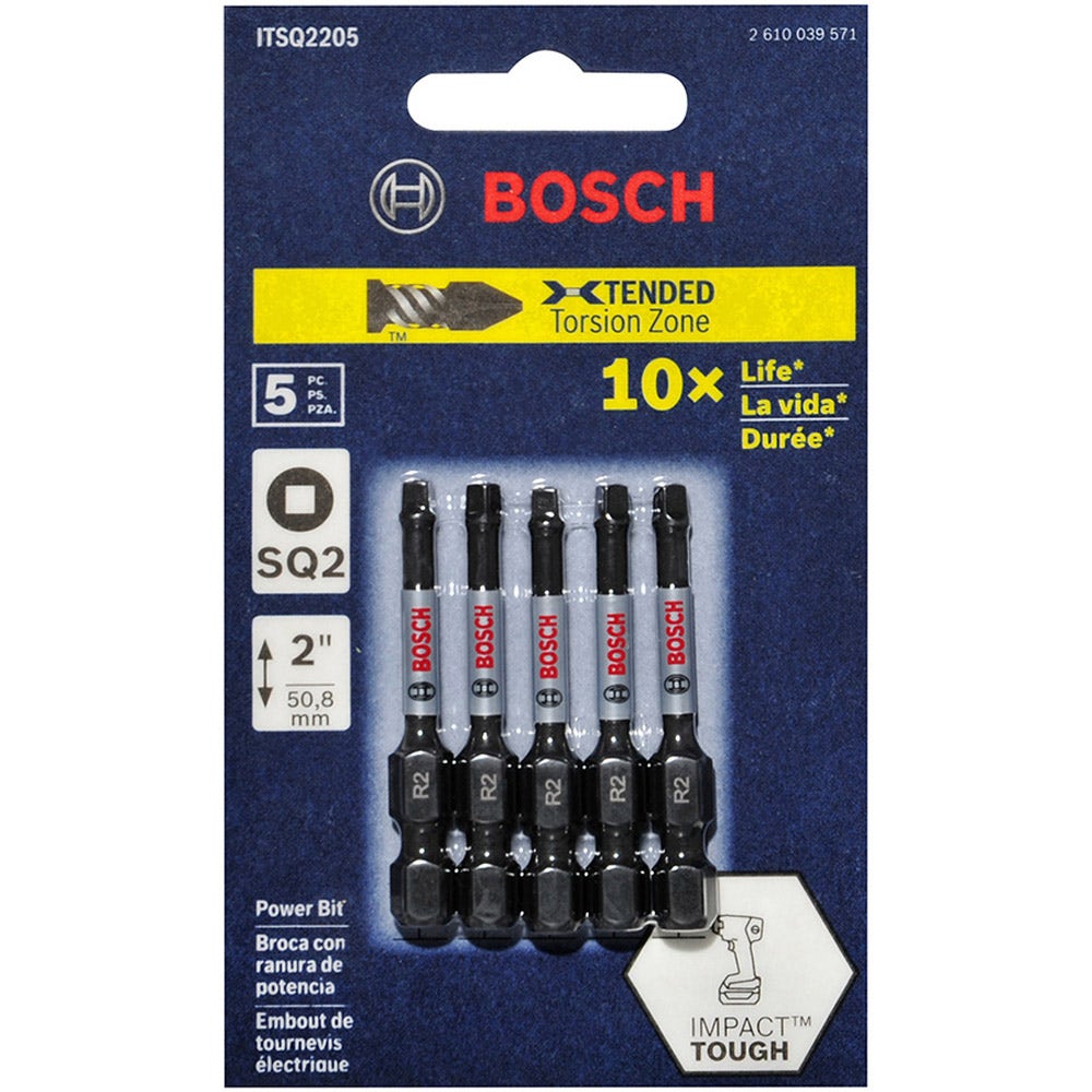 BOSCH R2 x 50mm Robertson/Square Power Screwdriver Bit - IMPACT TOUGH - 5 Piece