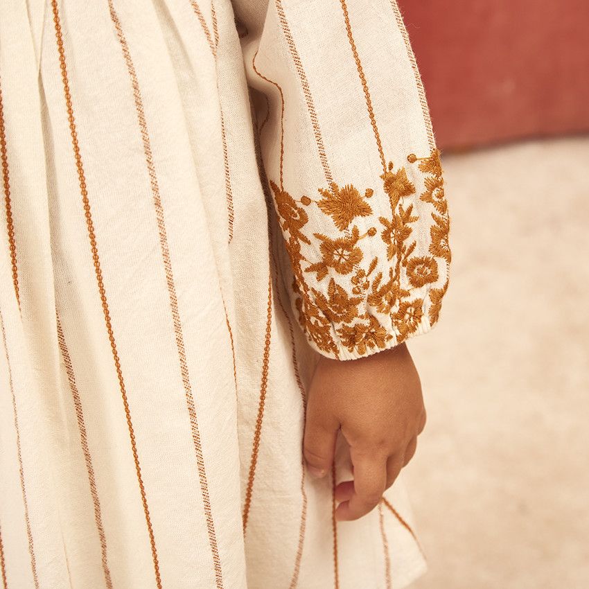 Robe manches longues à rayures brodées pour bébé fille - Ecru