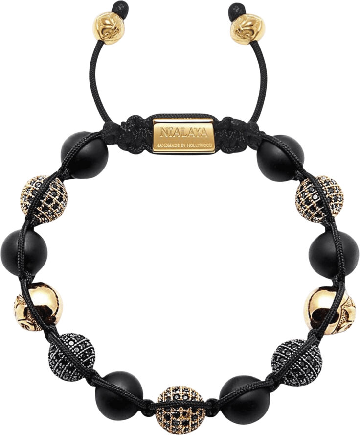 Nialaya Men's Beaded Bracelet with Matte Onyx and Black/Gold CZ Diam Black