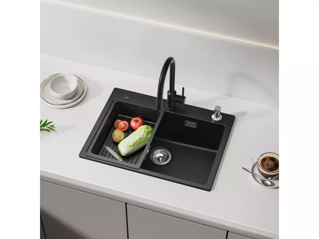 Noir Evier en Quartz et Résine avec Panier de Vidange et Distributeur de Savon 60*45*20cm + Mitigeur de Cuisine Rabattable Noir