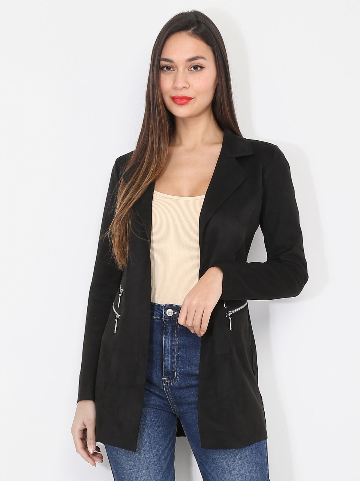 Veste longue en suédine à zips- Noir