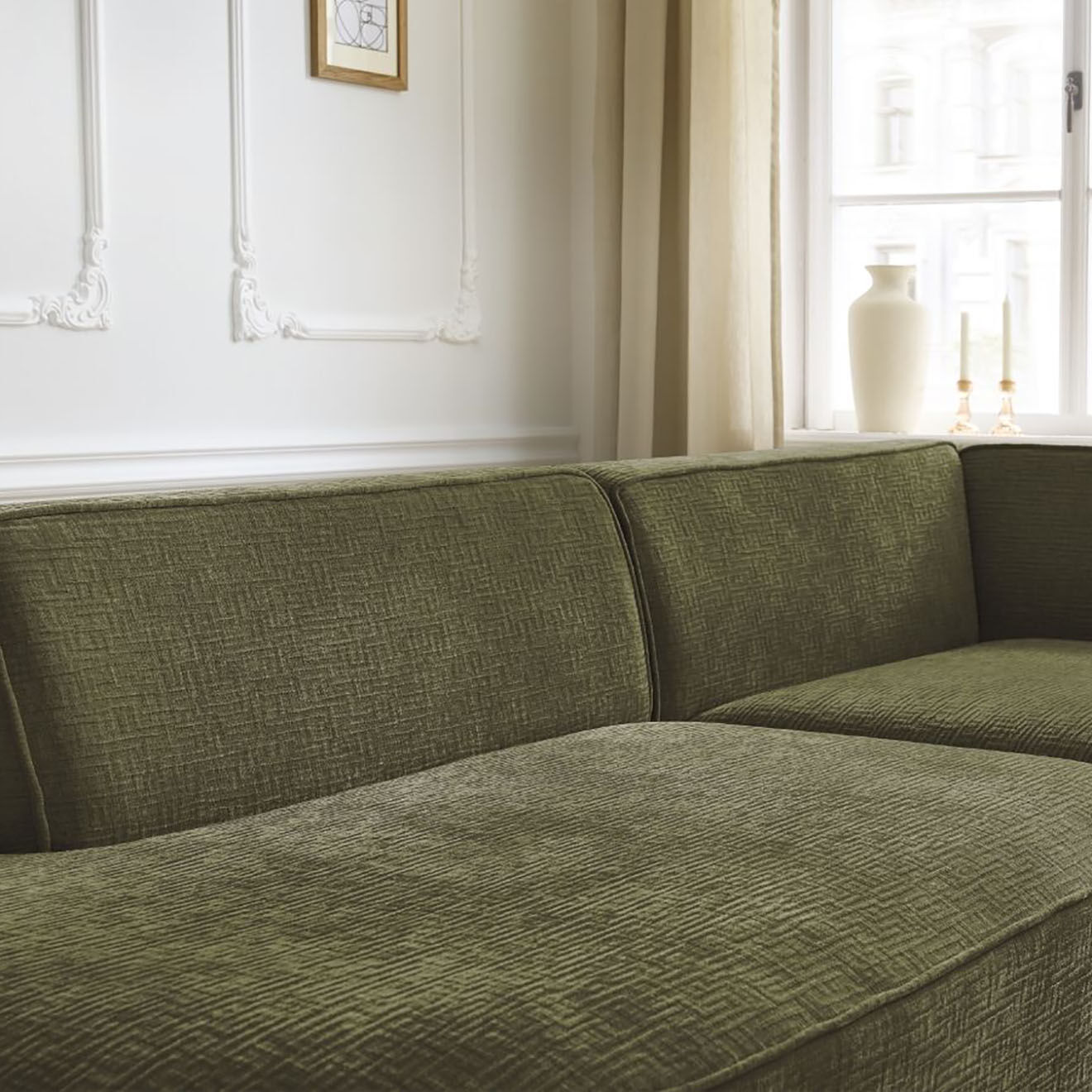 Bobochic Canapé d'angle droit fixe 4 places Rousseau texturé vert - 250x160x72 cm