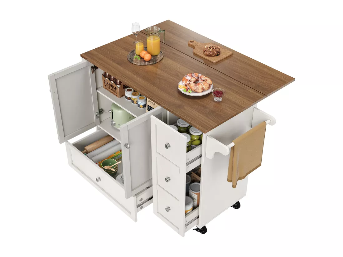 Ilot central de cuisine - chariot à roulette avec plateau extensible - 3 tiroirs et 2 portes - Blanc