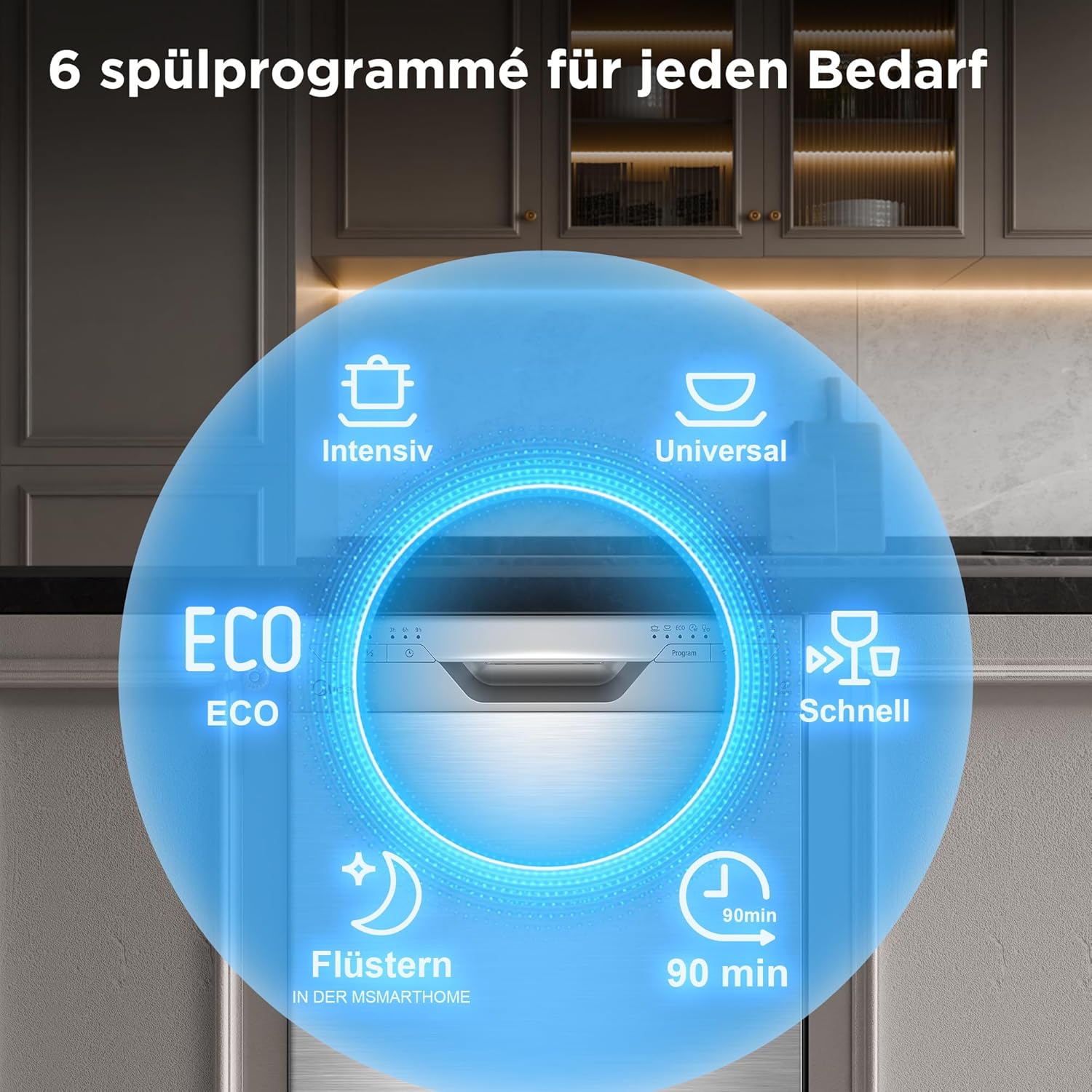 Midea SF 3.45N PRO Geschirrspüler, freistehend und unterbaufähig, 9 Maßgedecke, WLAN, 5 Spülprogramme, 47 dB, 3/6/9h Startzeitvorwahl, Inox, Silber