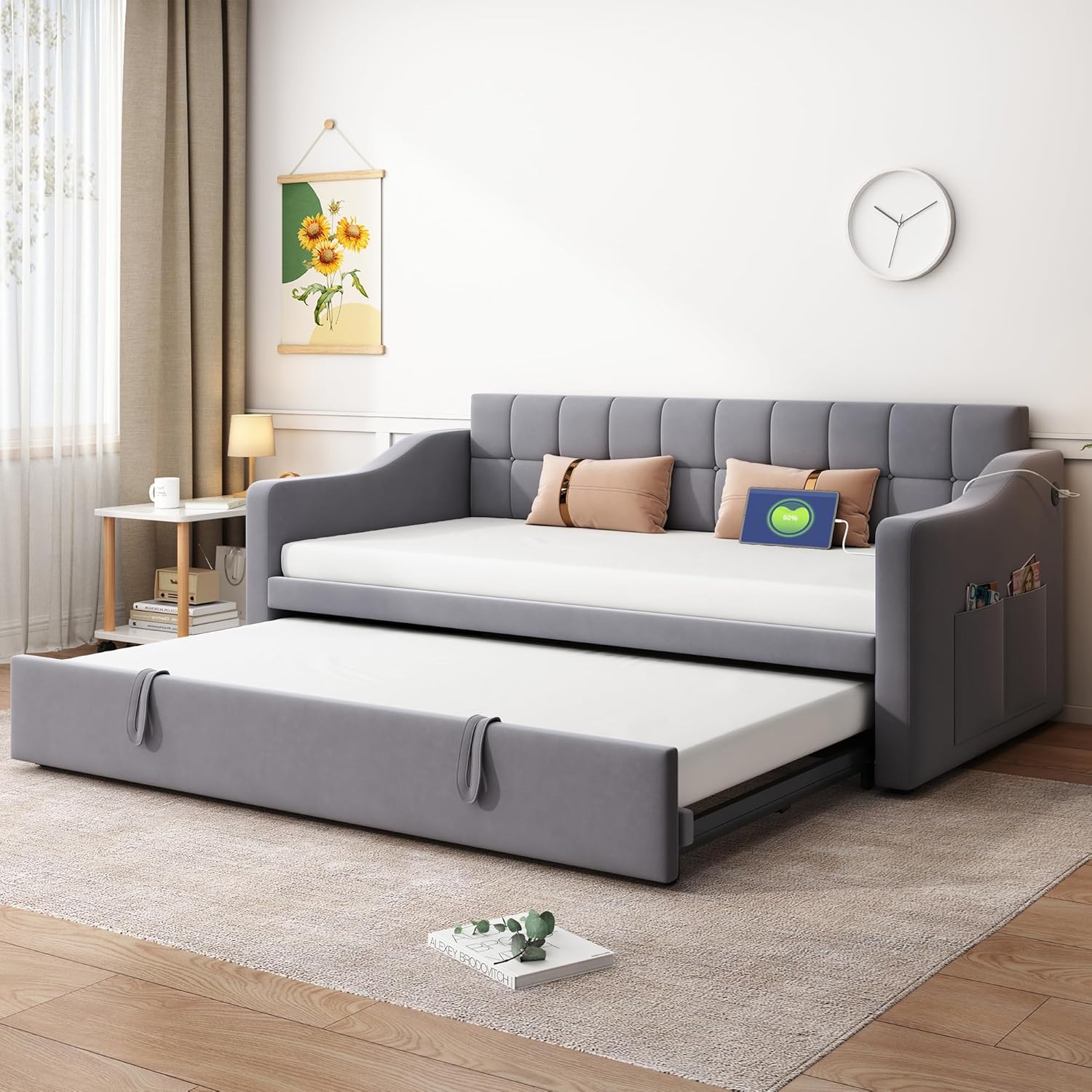 Polsterbett Ausziehbares Schlafsofa 90/180 x 190 cm, Einzelbett mit USB Type-C Ladefunktion, Daybett Gästebett, Samt, ohne Matratze, Grau