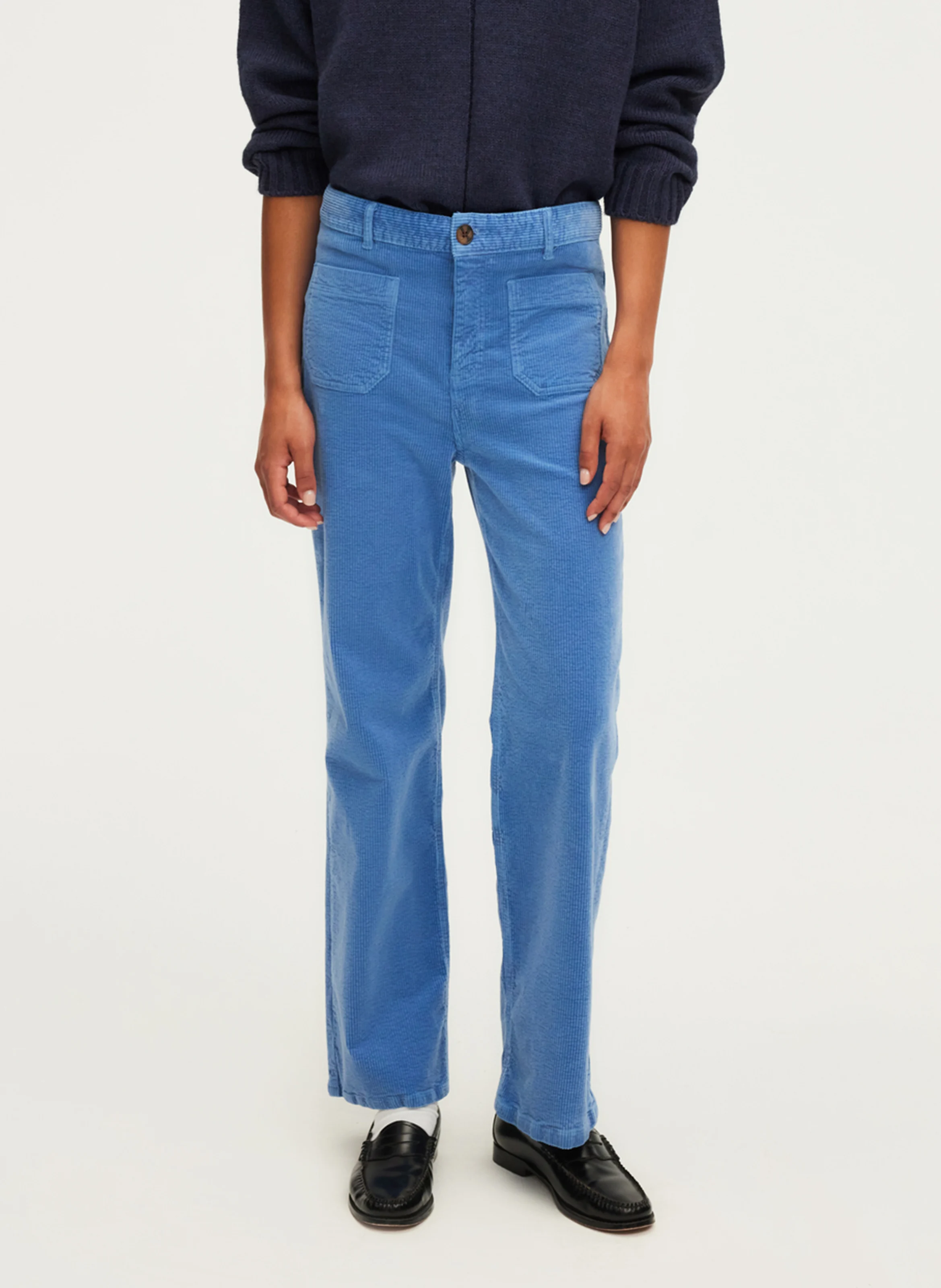 NANETTE - Pantalon droit en velours beige de coton | Bleu