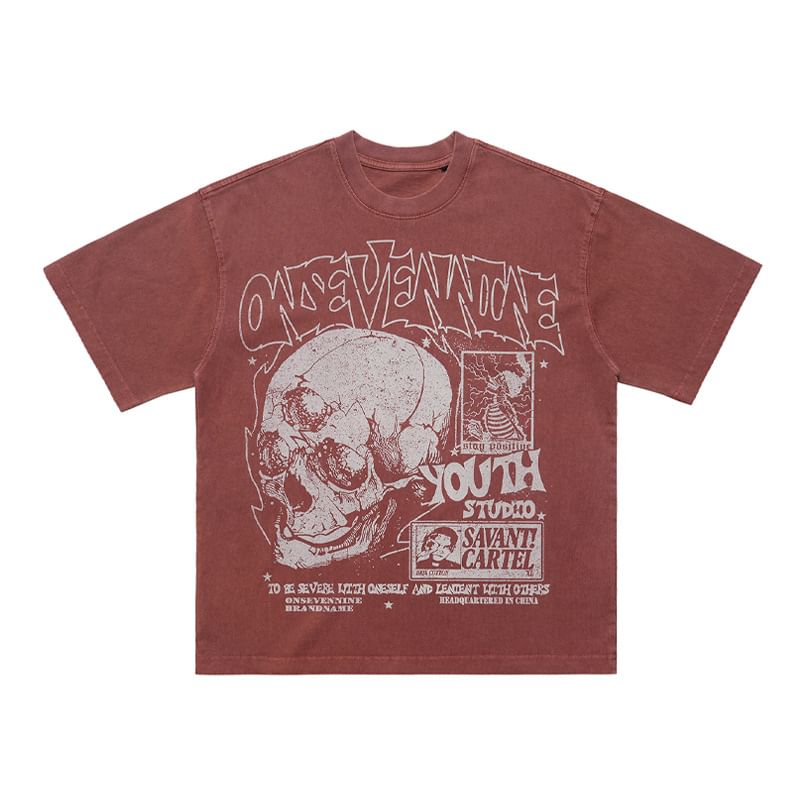Larvyre - T-shirt met korte mouwen, ronde hals en schedelprint