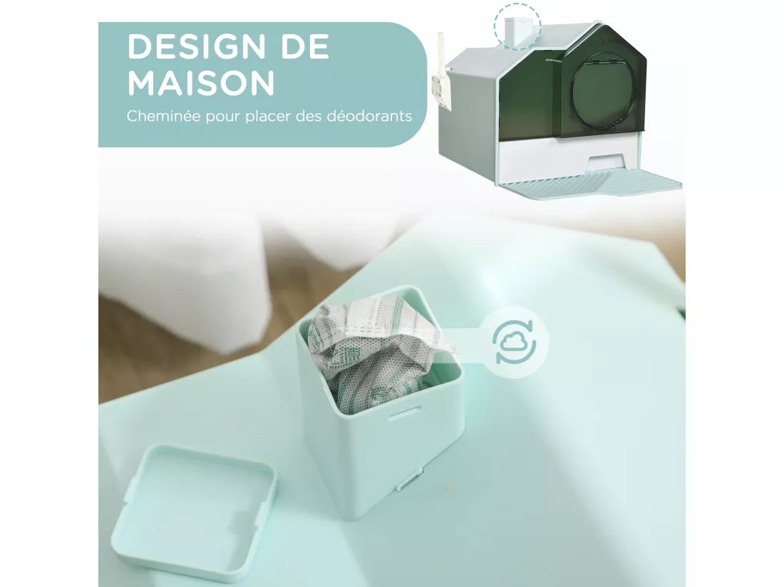 Maison de toilette chat design maisonnette porte battante pelle filtre tapis bleu