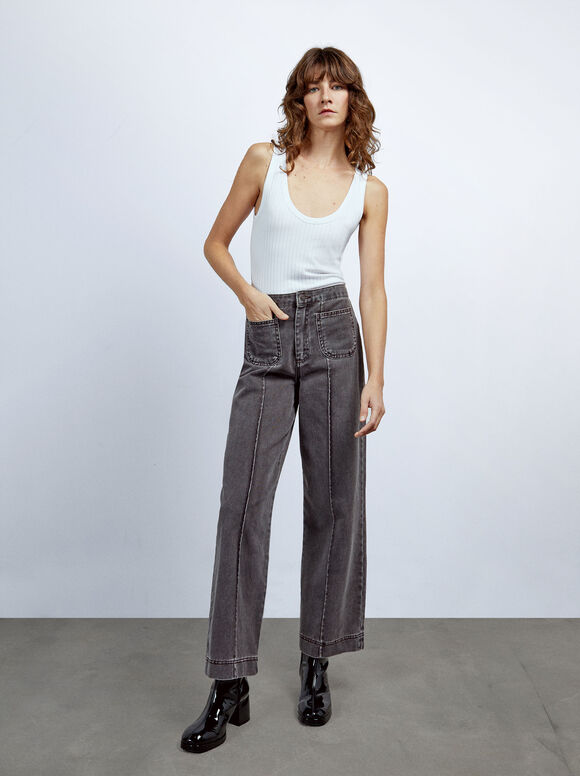 Calça jeans reta com bolsos - Cinza