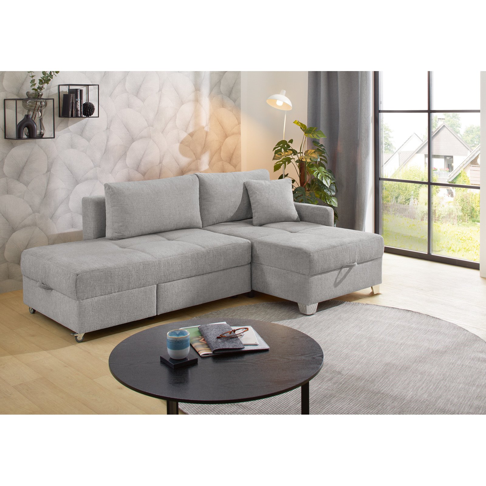 Ecksofa Giro Stoff Chenille grau mit Dreh-Schwenk-Ottomane