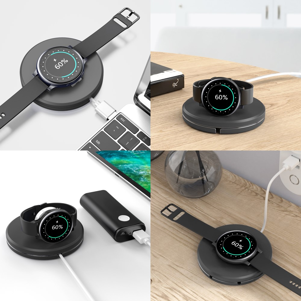 Samsung Galaxy Watch 3 / Watch Active 2 / Watch Active Qi-Wireless Charger USB Ladegerät mit integriertem Ladekabel - Schwarz