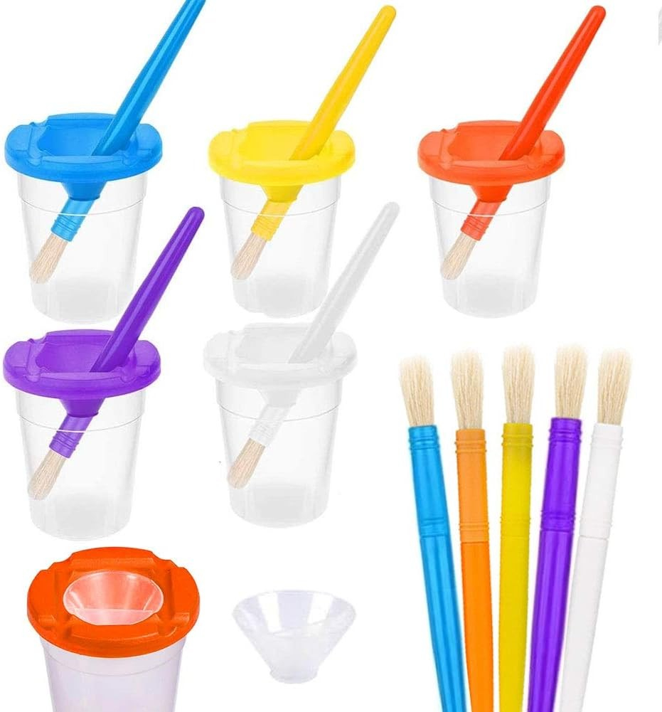 (10-tlg. Set) Auslaufsichere Pinselhalter Wasser Becher Kinder Pinsel DIY Kunst Werkzeug Wasserfarben Malpinsel - Bunt