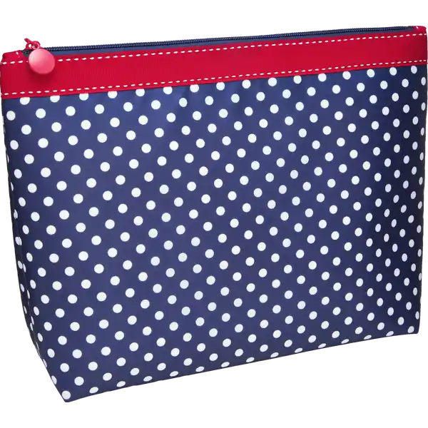 Damen Kulturtasche dunkelblau mit weissen Punkten und rotem Dekoband