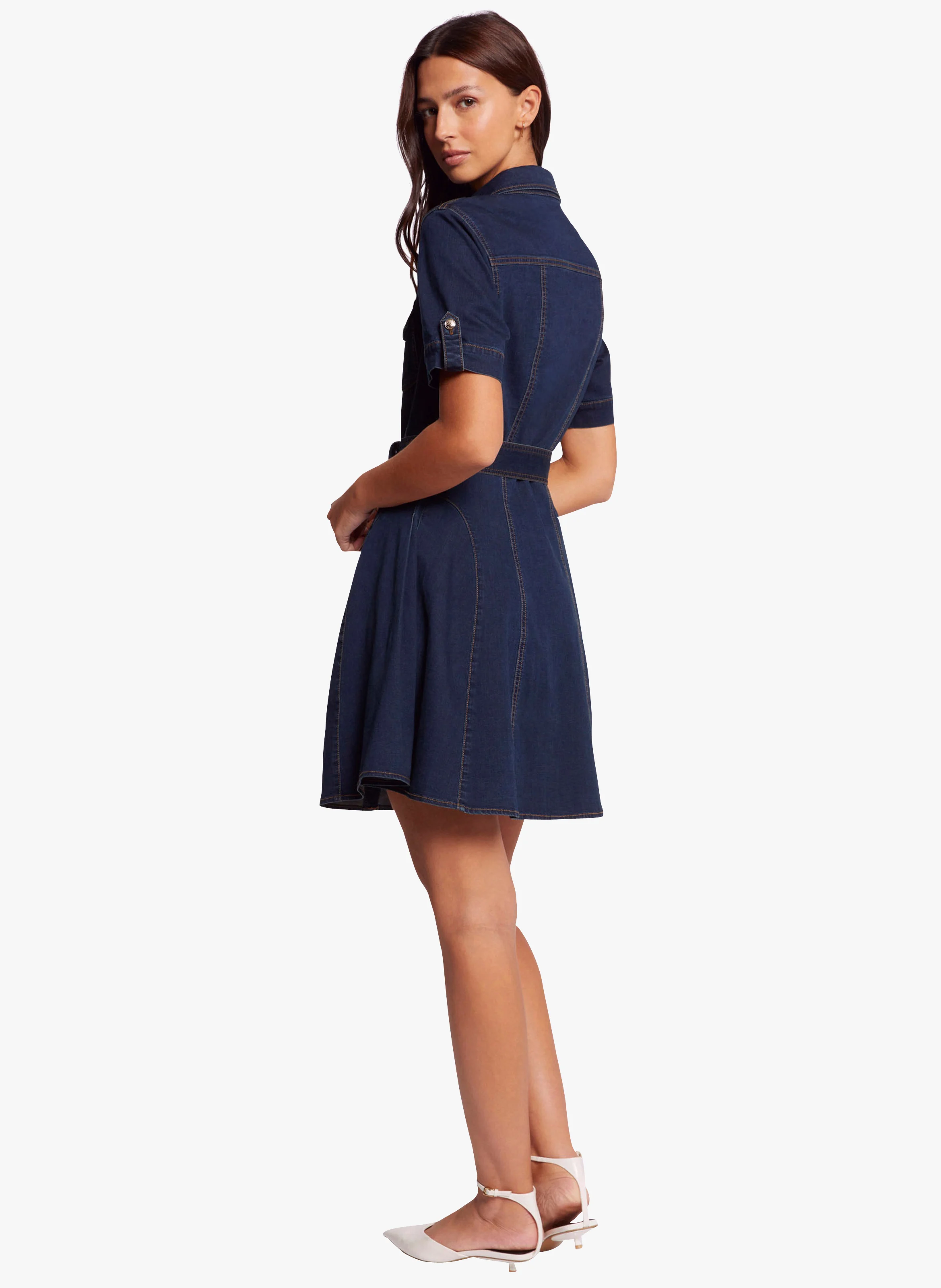 RIXES - Robe courte cintrée col classique en coton mélangé | Jean brut