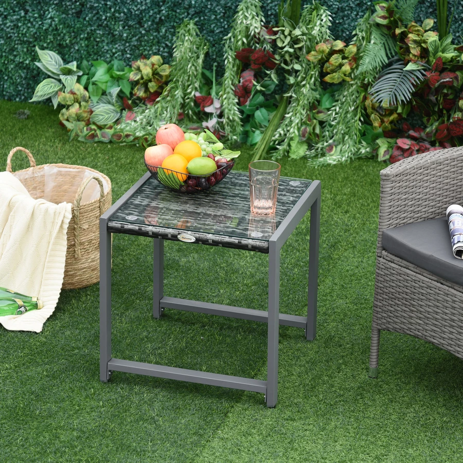 Outsunny Polyrattan Gartentisch mit Hartglas grau