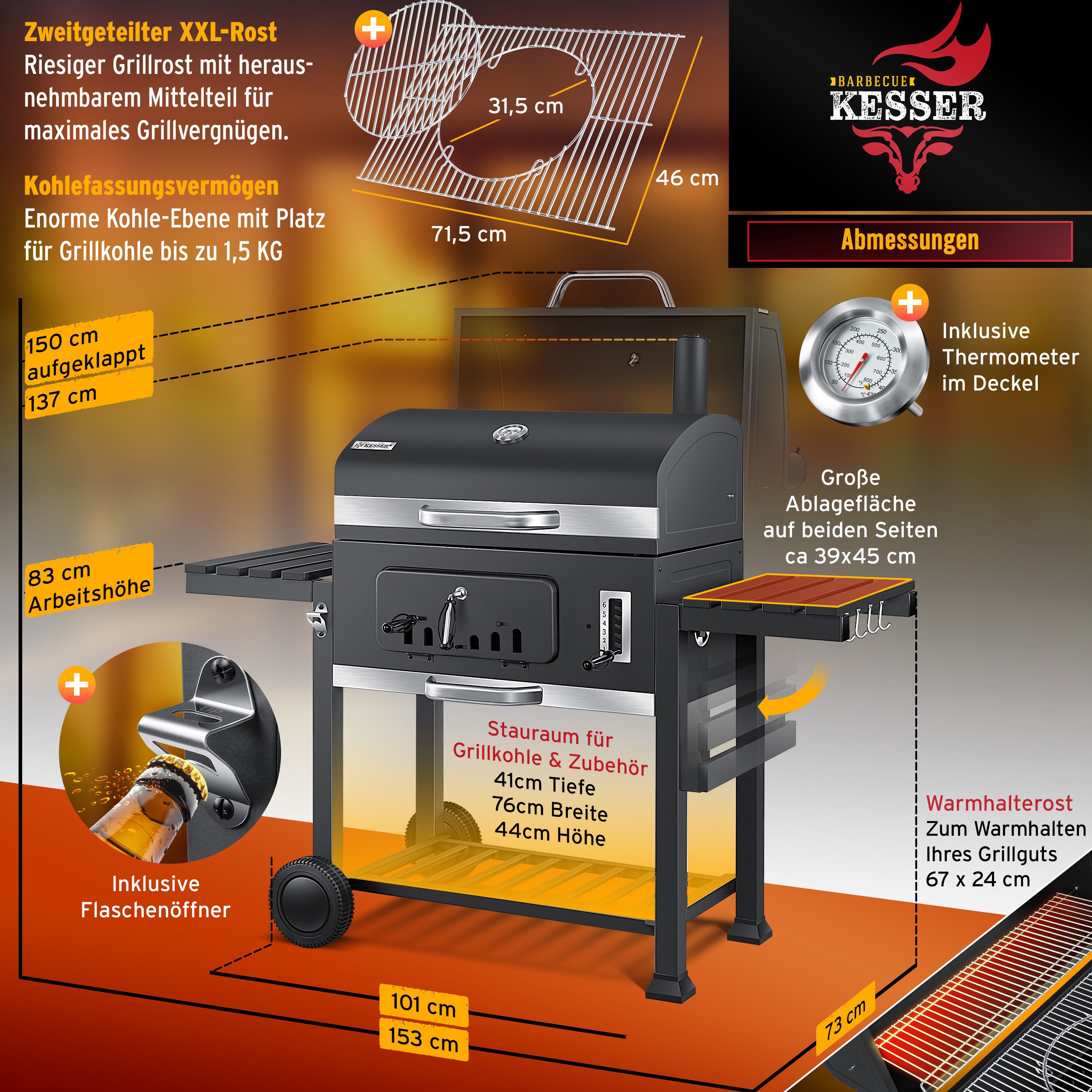 KESSER® Grill Grillwagen XXL Holzkohlegrill mit Deckel, Rädern, Edelstahl-Griff, Grillrost und Thermometer Holzkohle kohlegrill Wagen groß Kohle BBQ Barbeque Camping, Terrasse, Garten
