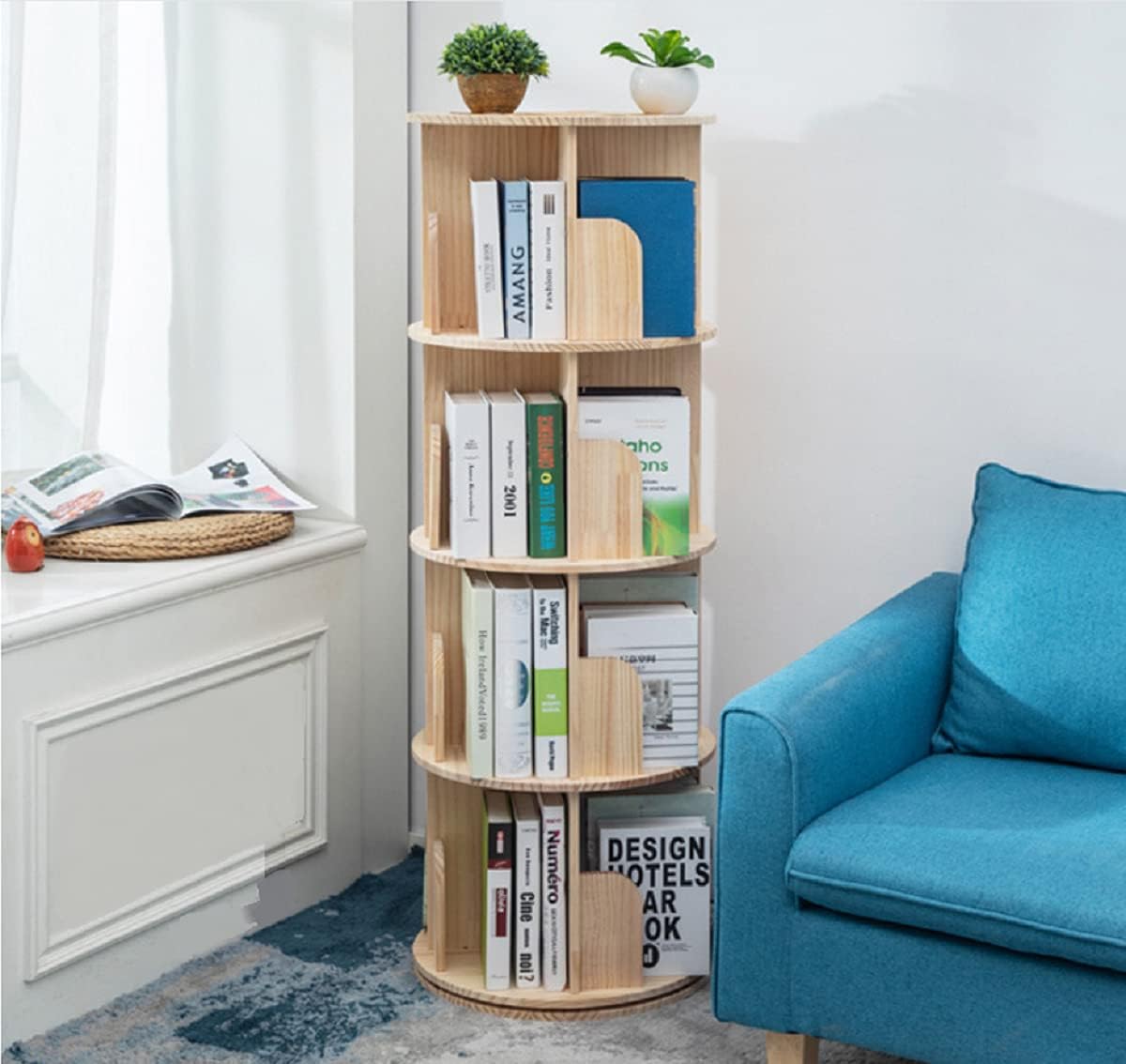Heehee Massivholz Drehbares Bücherregal, 360-Grad-Display, bodenstehendes Bücherregal, Lagerregal für Kinder und Erwachsene, multifunktionaler Organizer (4-stöckig)