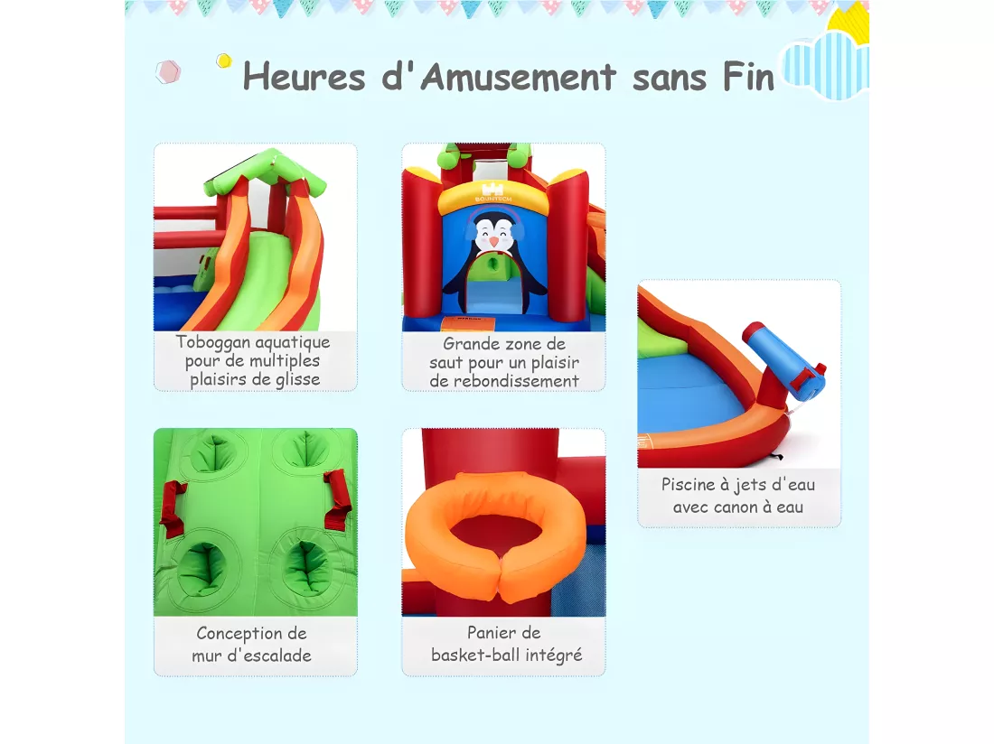 Château Gonflable avec Toboggans Aquatiques, Aire de Jeux Gonflable Piscine avec Motif de Boisgouin, Canon à Eau, Panier de Basket-Ball 3 à 10 Ans Rouge Sans Souffleur 680W